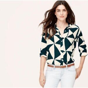 Loft Button Down Blouse Green White Triangles